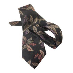 Don Loper Beverly Hills 80s Jacquard Tie Botanical Gold Leaf Pattern Black 4"W